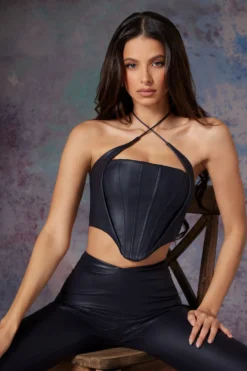 Vegan Leather Corset Crop Top In Midnight Black