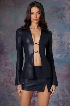 Vegan Leather Low Waist Mini Skirt In Midnight Black