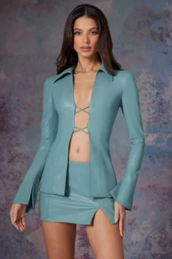 Tie Front Vegan Leather Shirt In Light Teal