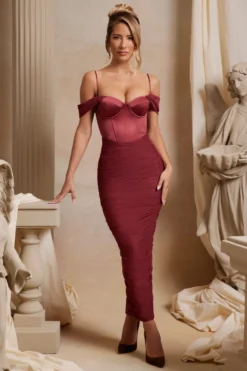 Off The Shoulder Ruched Corset Maxi Dress In Red