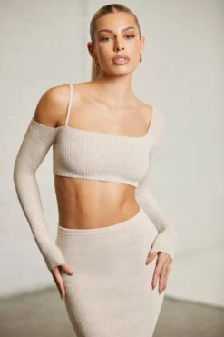 Asymmetric Long Sleeve Crop Top In Beige