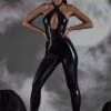 Keyhole Cut Out Vinyl Jumpsuit In Black