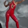 Keyhole Cut Out Vinyl Jumpsuit In Red
