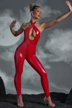 Keyhole Cut Out Vinyl Jumpsuit In Red