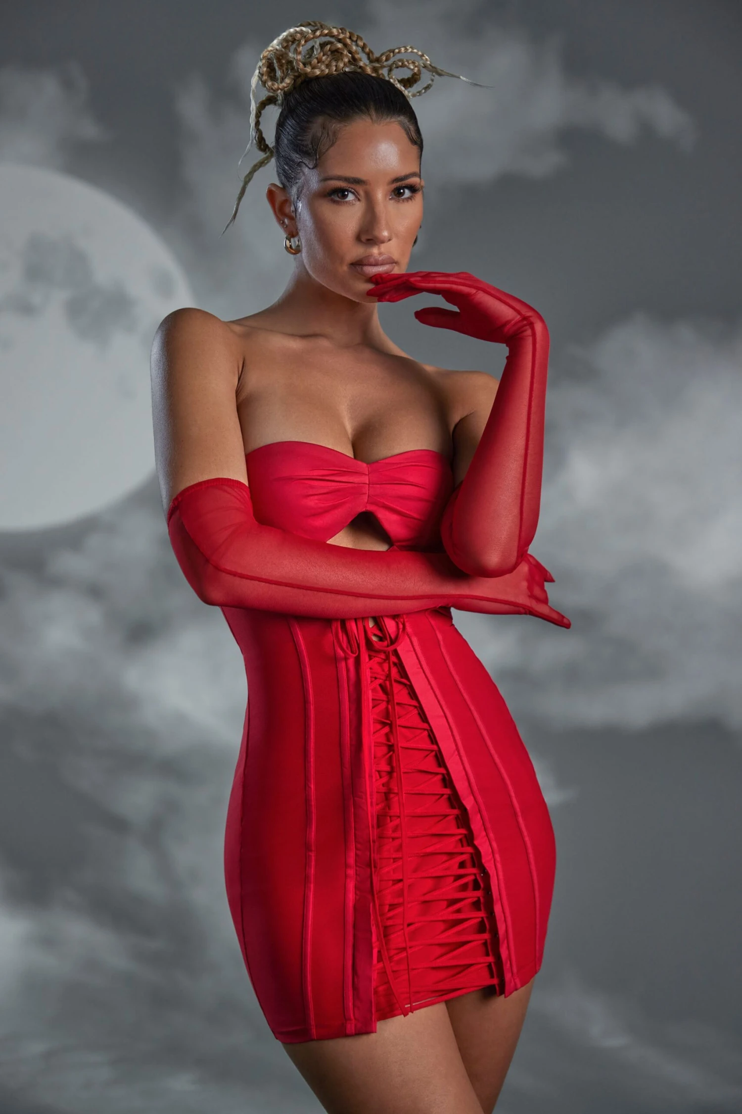 Lace Up Bandeau Mini Dress In Red - Image 5