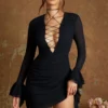 Lace Up Front Mini Dress In Black