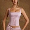 Longline Lace Up Corset Top In Mauve