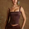 Longline Lace Up Corset Top In Brown