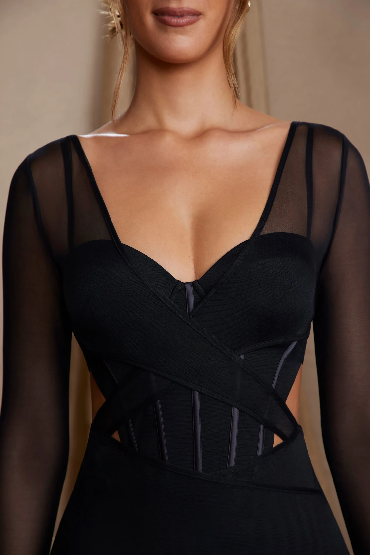 Long Sleeve Layered Corset Mini Dress In Black - Image 5