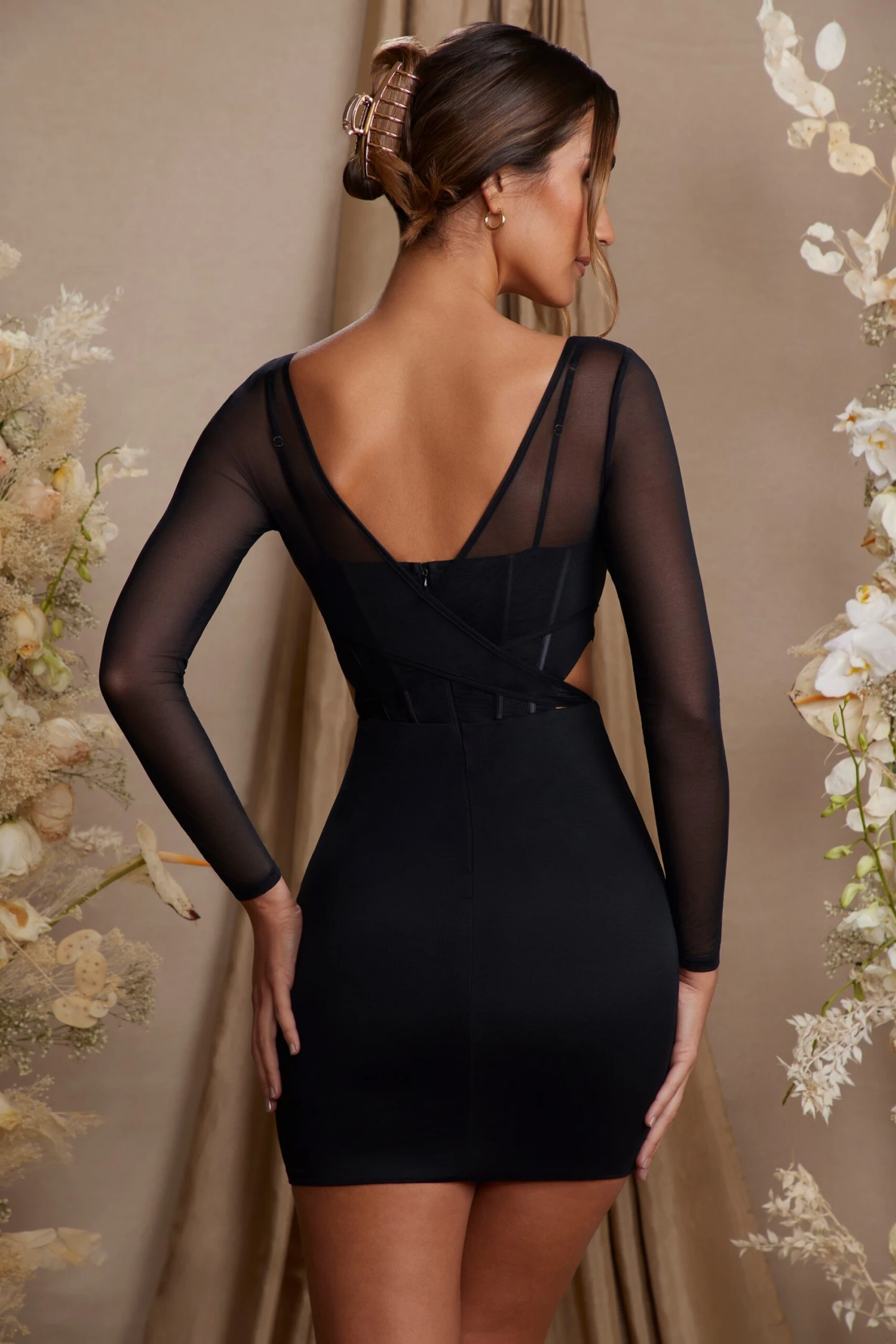 Long Sleeve Layered Corset Mini Dress In Black - Image 2