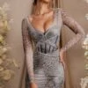 Long Sleeve Layered Corset Mini Dress In Grey Print