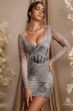 Long Sleeve Layered Corset Mini Dress In Grey Print