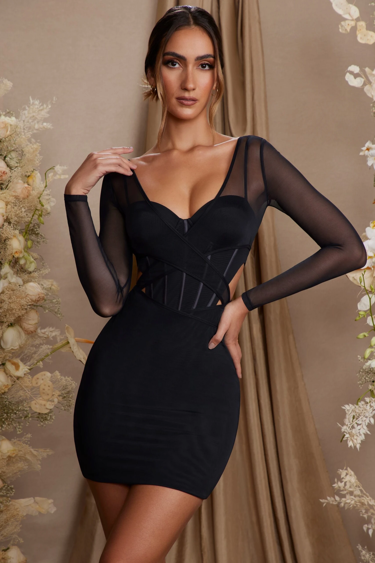 Long Sleeve Layered Corset Mini Dress In Black - Image 8