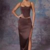 Side Split Satin Maxi Skirt In Brown