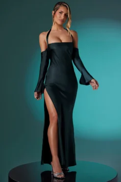 Long Sleeve Halter Neck Fishtail Dress In Black