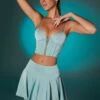 Lace Up Front Corset Crop Top In Steel Blue