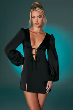 Balloon Sleeve Mini Dress In Black