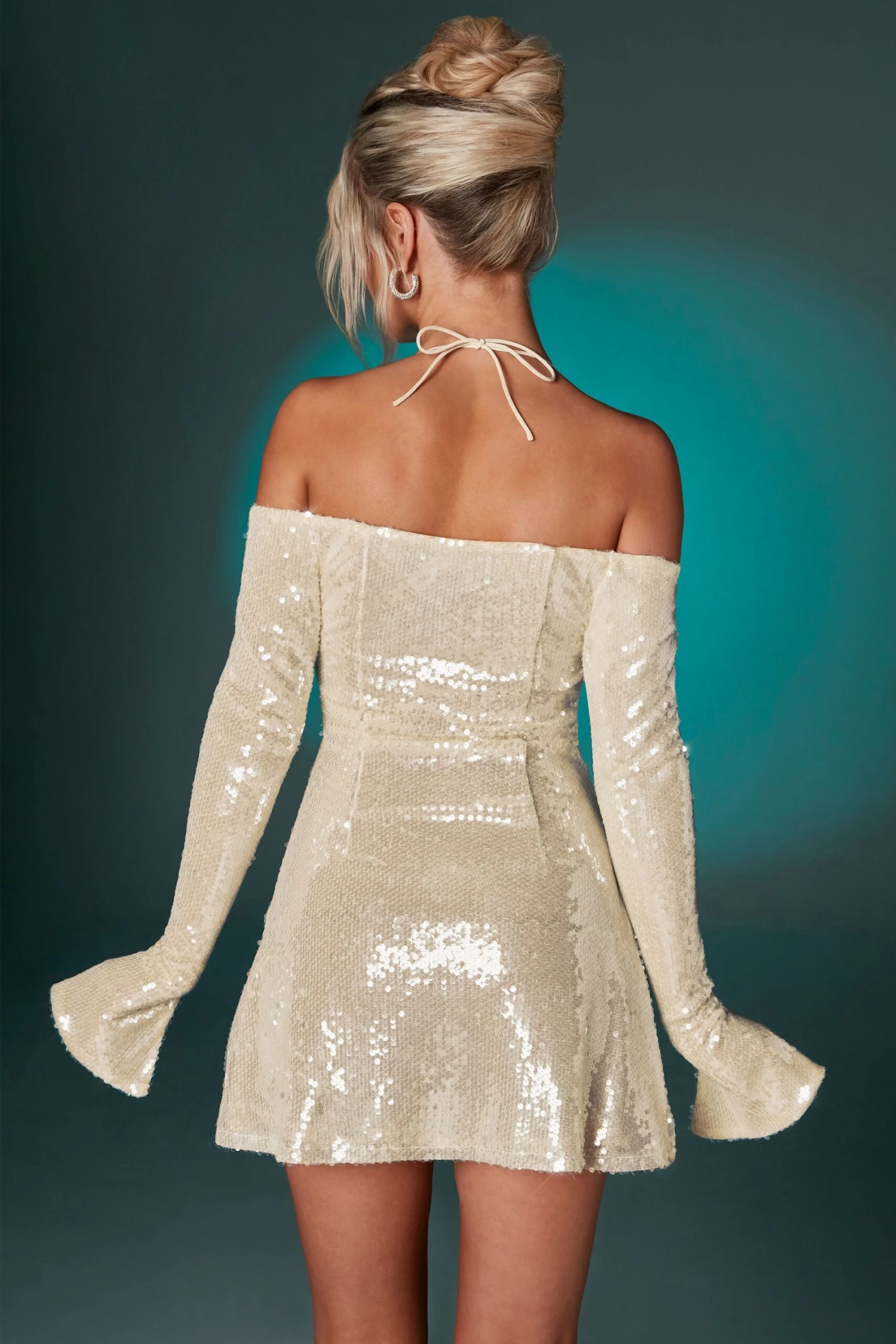 Off The Shoulder Sequin A-Line Mini Dress In Ivory - Image 2