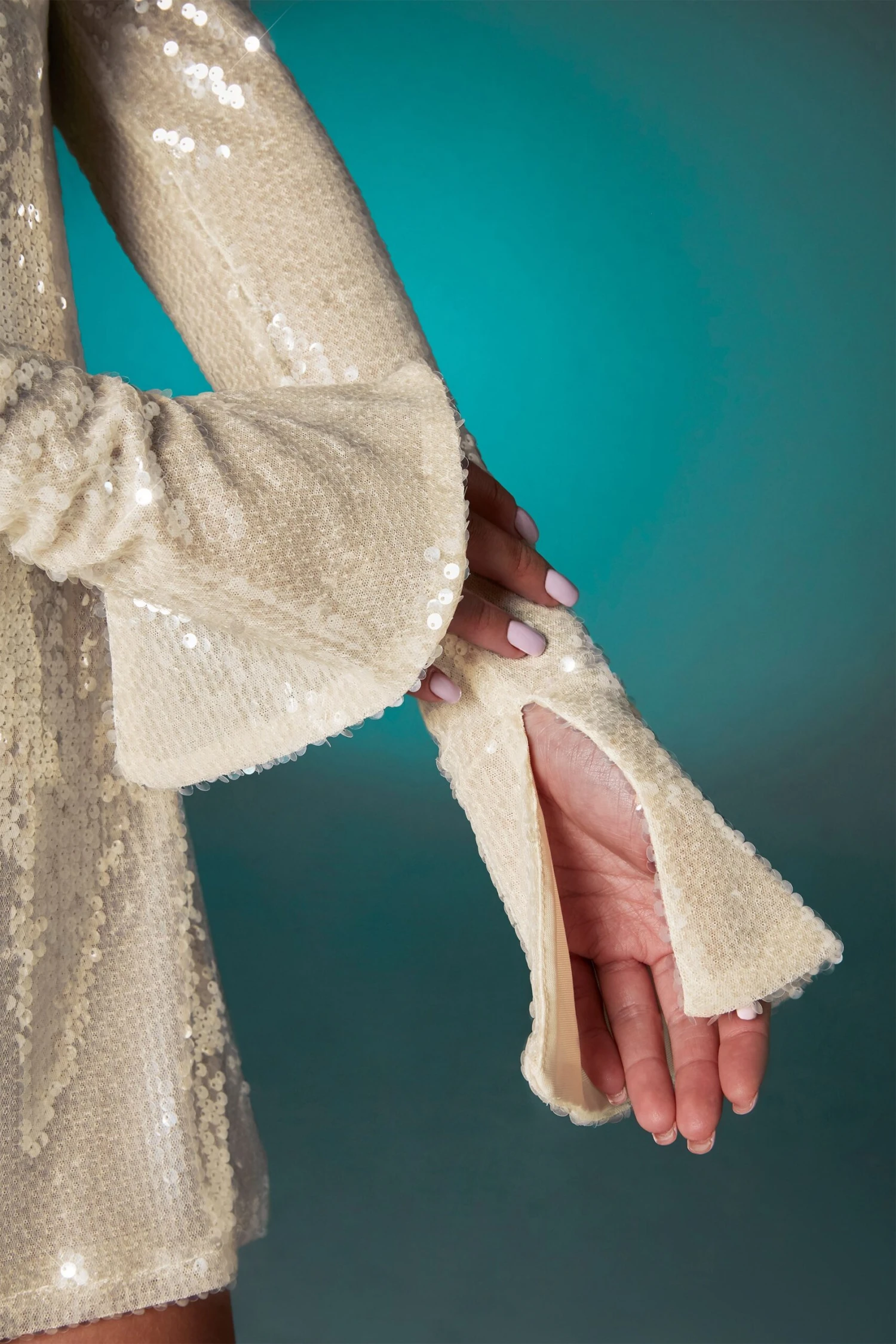 Off The Shoulder Sequin A-Line Mini Dress In Ivory - Image 5