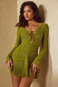 Long Sleeve Lace Up Mini Dress In Olive