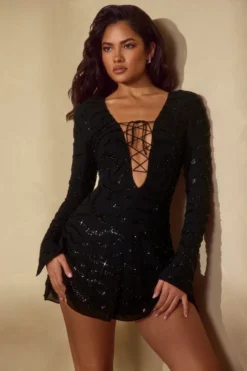 Long Sleeve Lace Up Mini Dress In Black