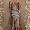 Halterneck Cut Out Maxi Dress In Grey Print