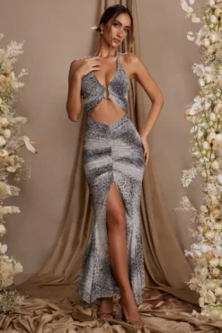 Halterneck Cut Out Maxi Dress In Grey Print