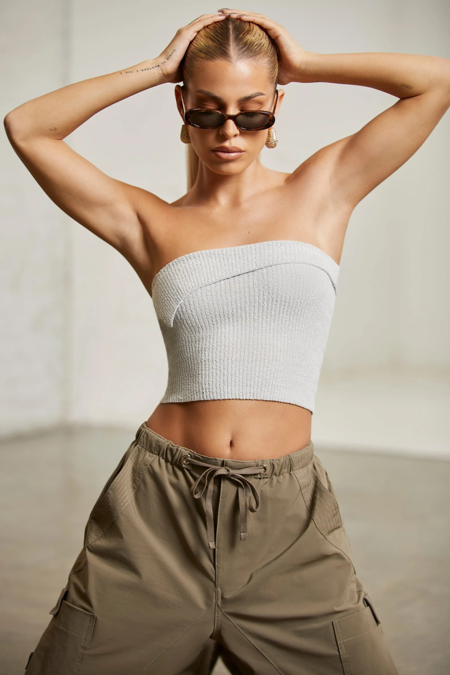Overlap Bandeau Crop Top In Grey