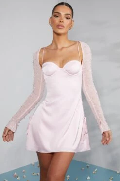 Long Sleeve Embellished A-line Mini Dress In Blush