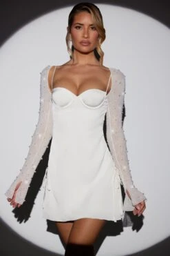 Long Sleeve Embellished A-line Mini Dress In White