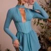 Long Sleeve Plunge Neck Mini Dress In Teal