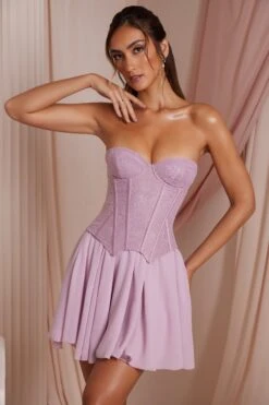 Strapless Lace Corset Mini Dress In Dusty Pink