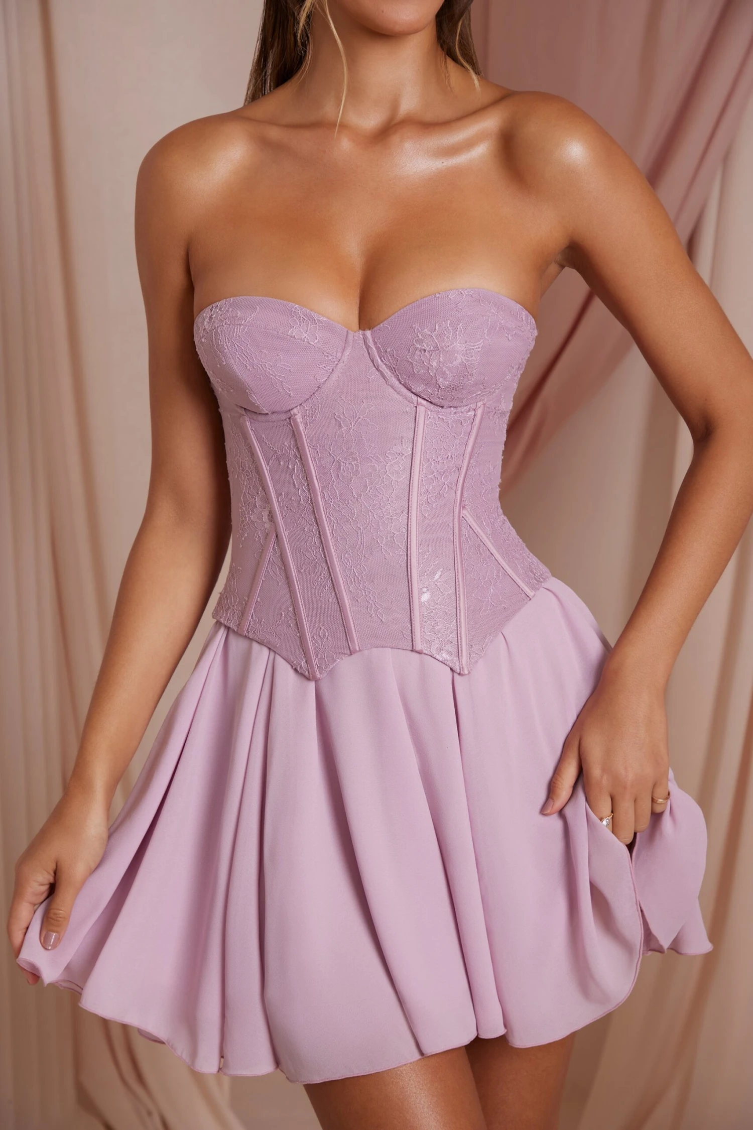 Strapless Lace Corset Mini Dress In Dusty Pink - Image 4