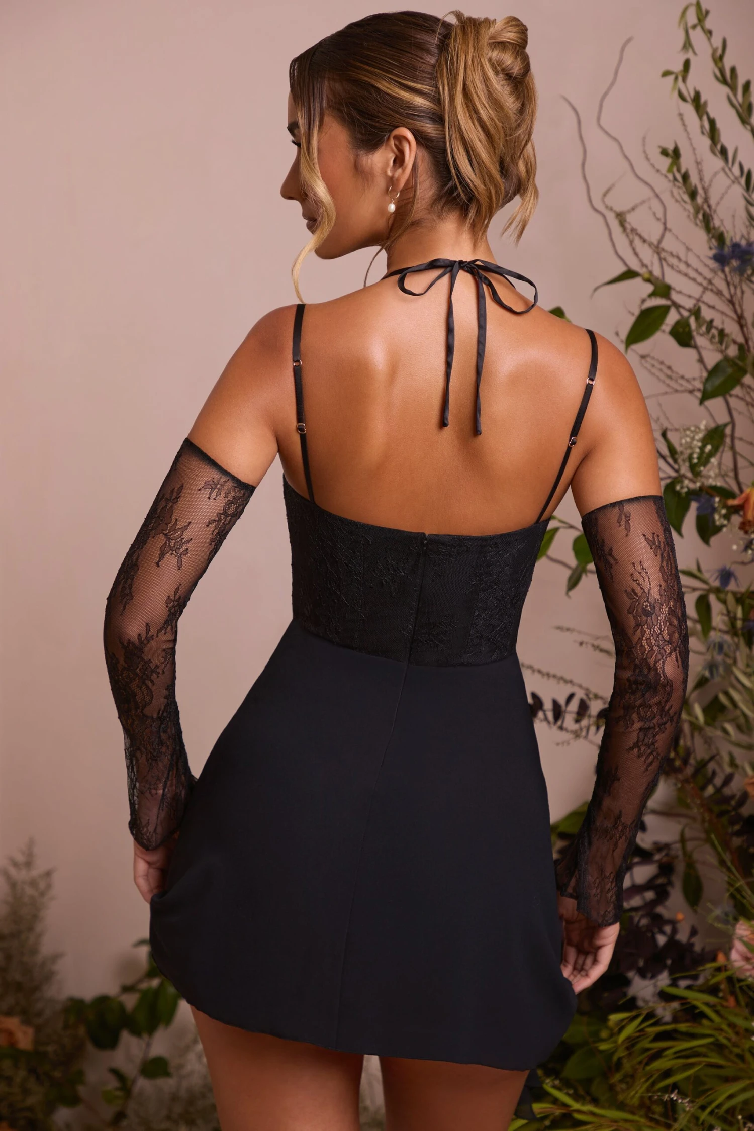 Lace Sleeve A-Line Mini Dress In Black - Image 2