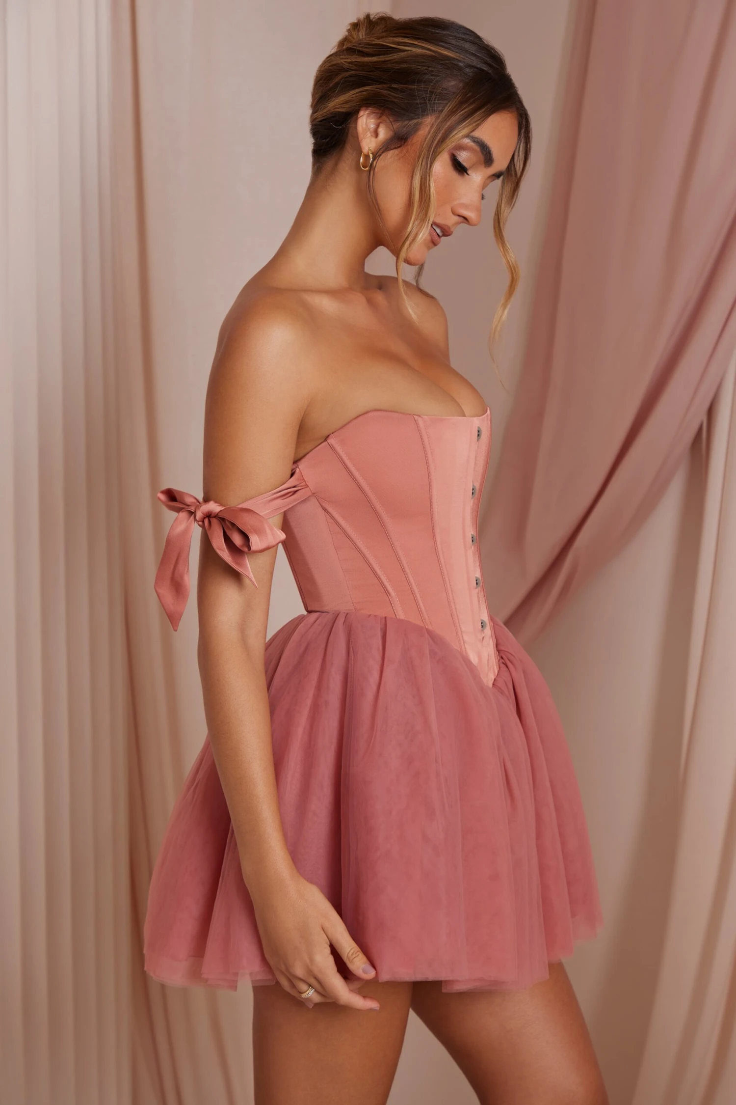 Off Shoulder Tulle Skirt Mini Dress In Terracotta - Image 3
