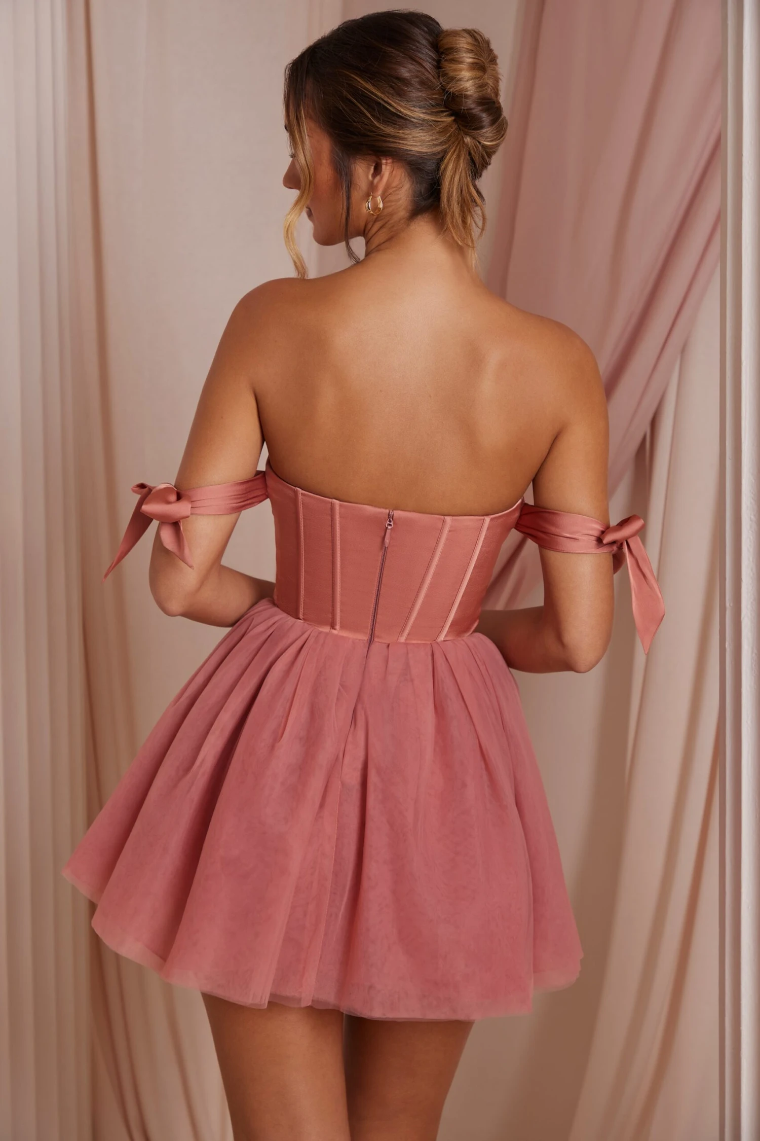 Off Shoulder Tulle Skirt Mini Dress In Terracotta - Image 2