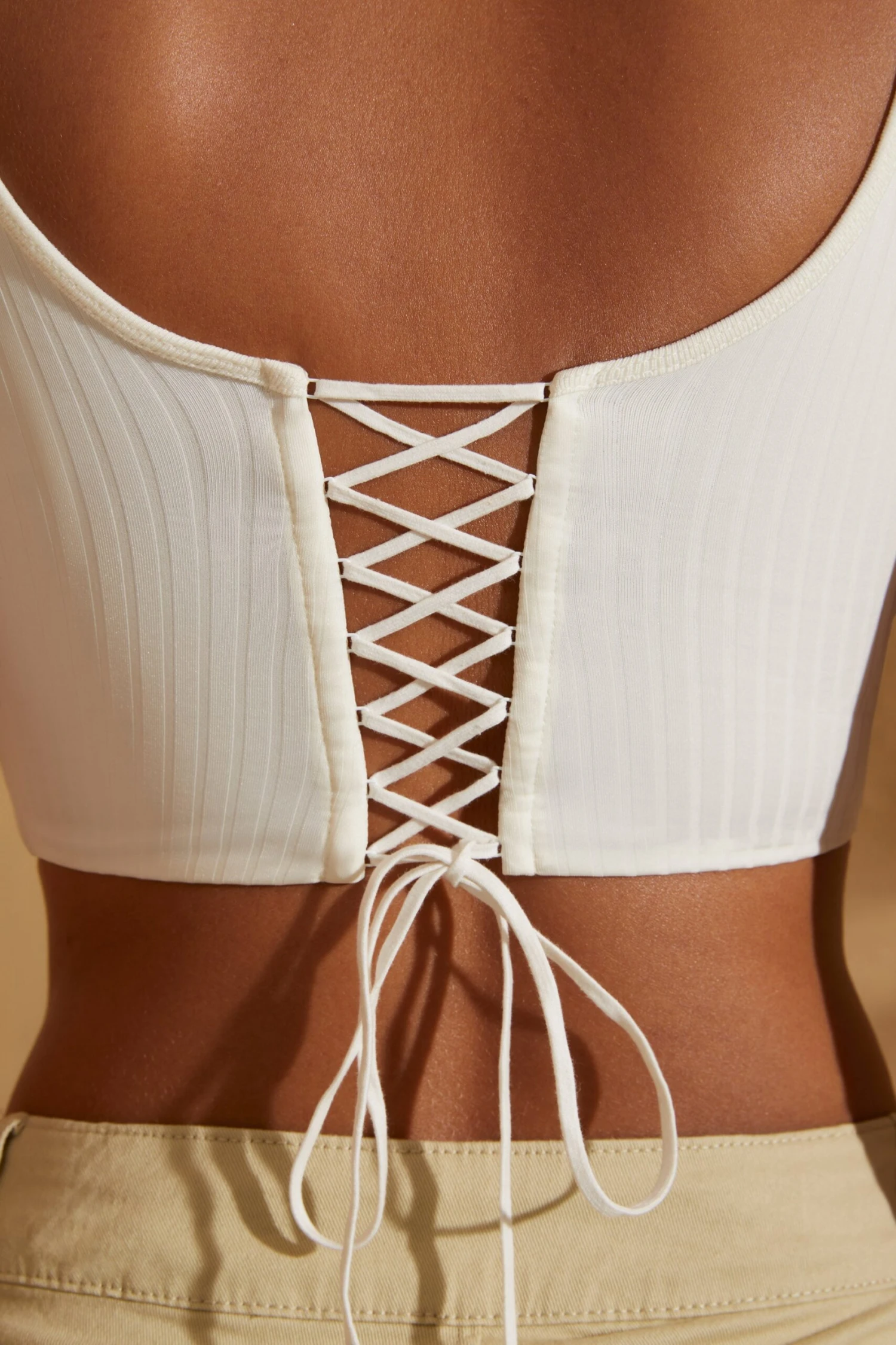 Scoop Neck Lace Up Back Crop Top In White - Image 4