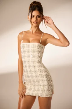 Hand Embellished Mini Dress In Ivory