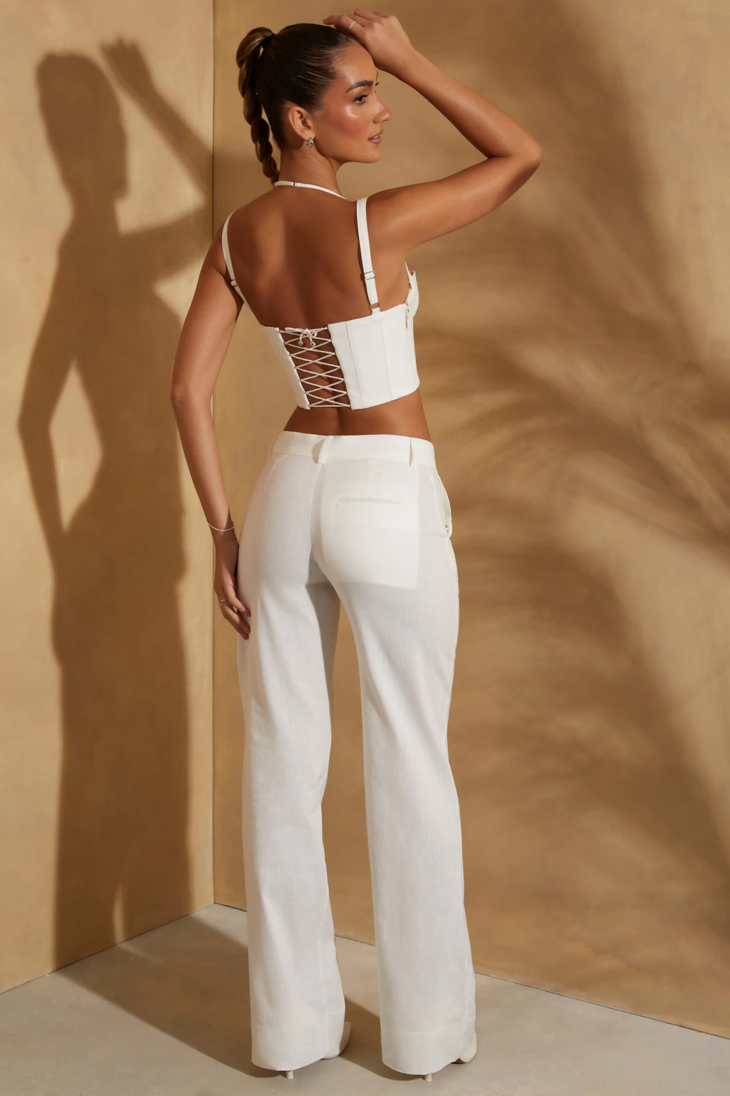 High Waist Straight Leg Linen Trousers In White - Image 2