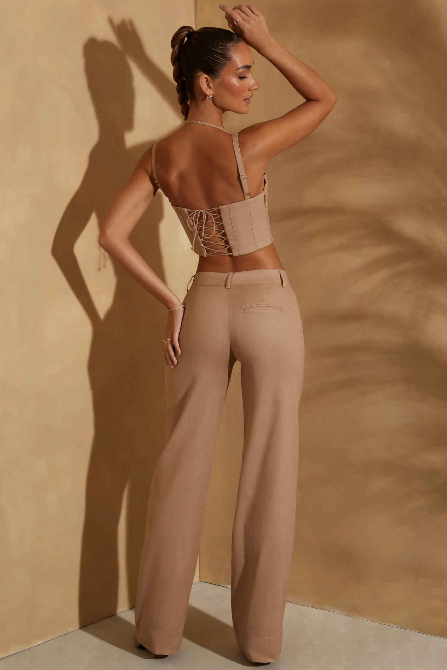 High Waist Straight Leg Linen Trousers In Tan - Image 2