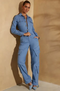 Wide Leg Long Sleeve Cargo Jumpsuit In Dark Blue