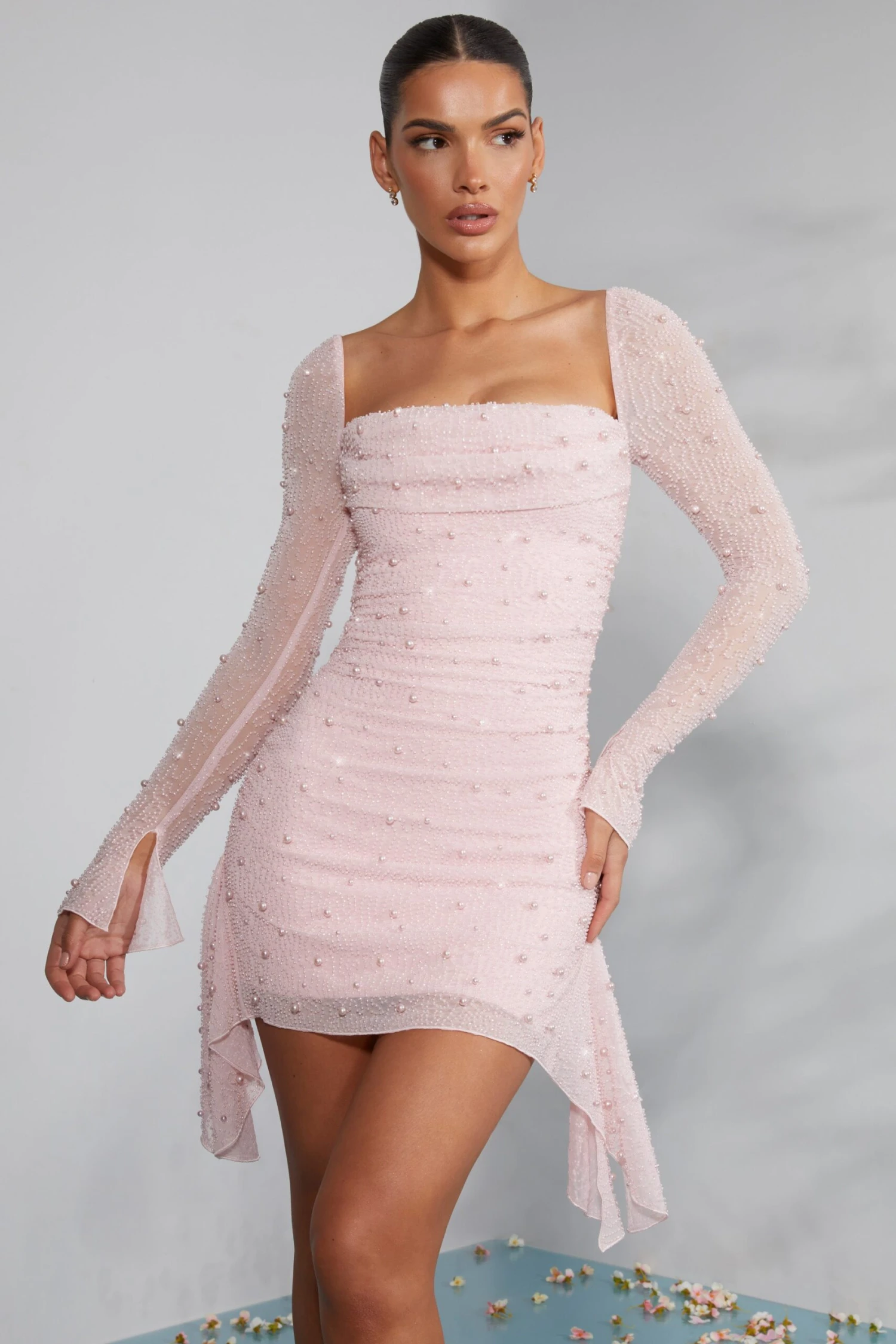 Long Sleeve Embellished Cowl Neck Mini Dress In Blush - Image 7