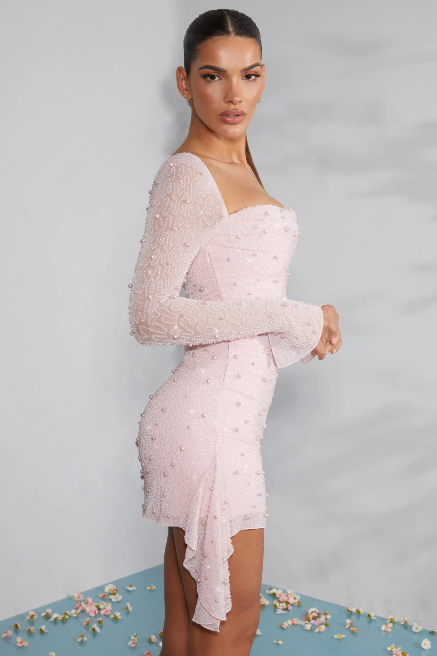 Long Sleeve Embellished Cowl Neck Mini Dress In Blush - Image 3