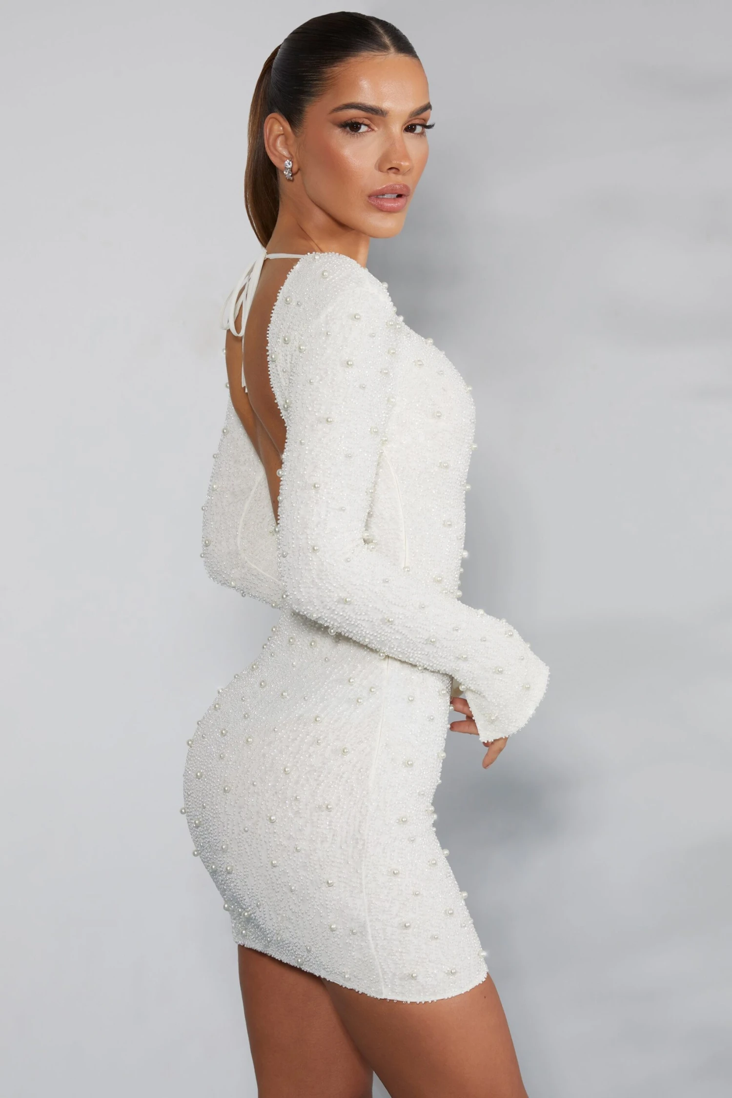 Long Sleeve Embellished Backless Mini Dress In Ivory - Image 3