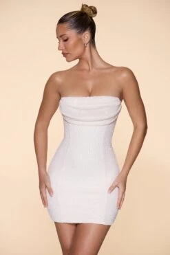 Embellished Strapless Cowl Neck Mini Dress In Ivory