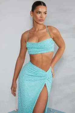 Embellished Cross Back Crop Top In Aqua