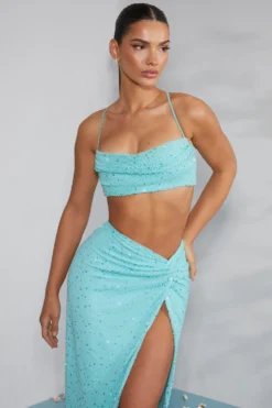 Embellished Cross Back Crop Top In Aqua