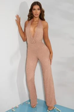 Embellished Plunge Neck Jumpsuit In Beige