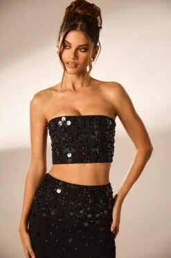 Hand Embellished Bandeau Corset Crop Top In Black