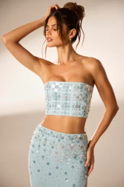 Hand Embellished Bandeau Corset Crop Top In Blue